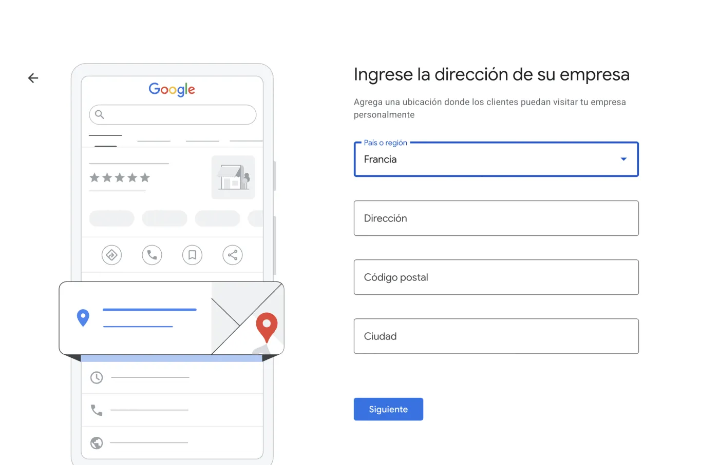 Formulario de Google para introducir la dirección de la empresa: país, dirección, código postal y ciudad